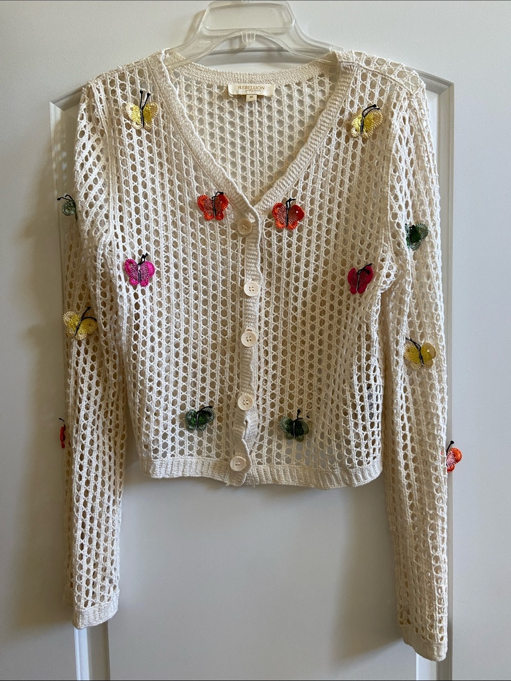 Rebellion Cream Open-Weave Cardigan with Multicolor Butterfly Accents Size M